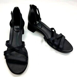 Eileen Fisher Noni Strappy Leather Zip-Cuff Sandals Women 8 EUC Block Heel Black